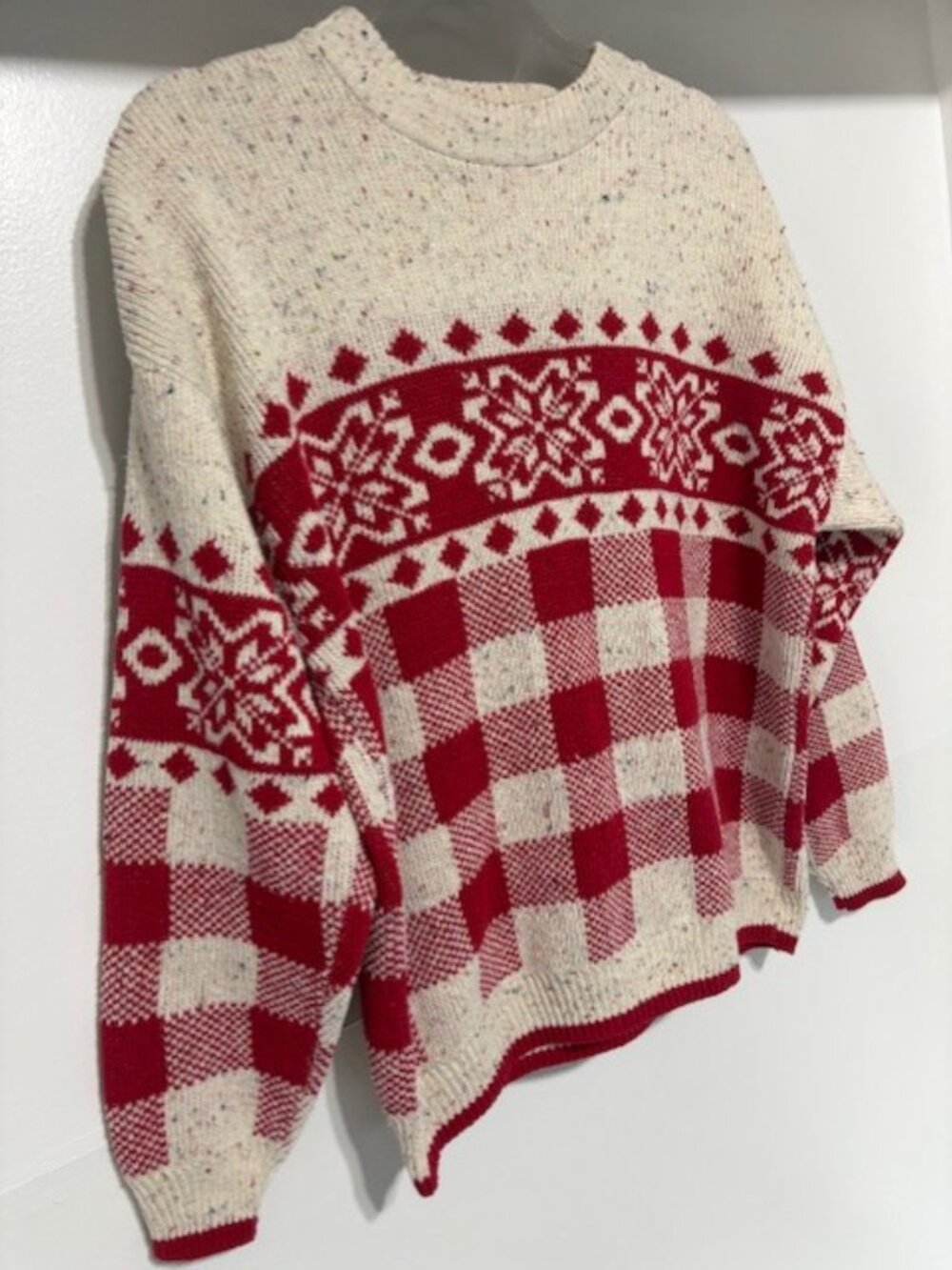 Cabin Creek M USA 100% Cotton Fair Isle Buffalo Plaid Sweater Red Cream Vintage - Picture 2 of 5